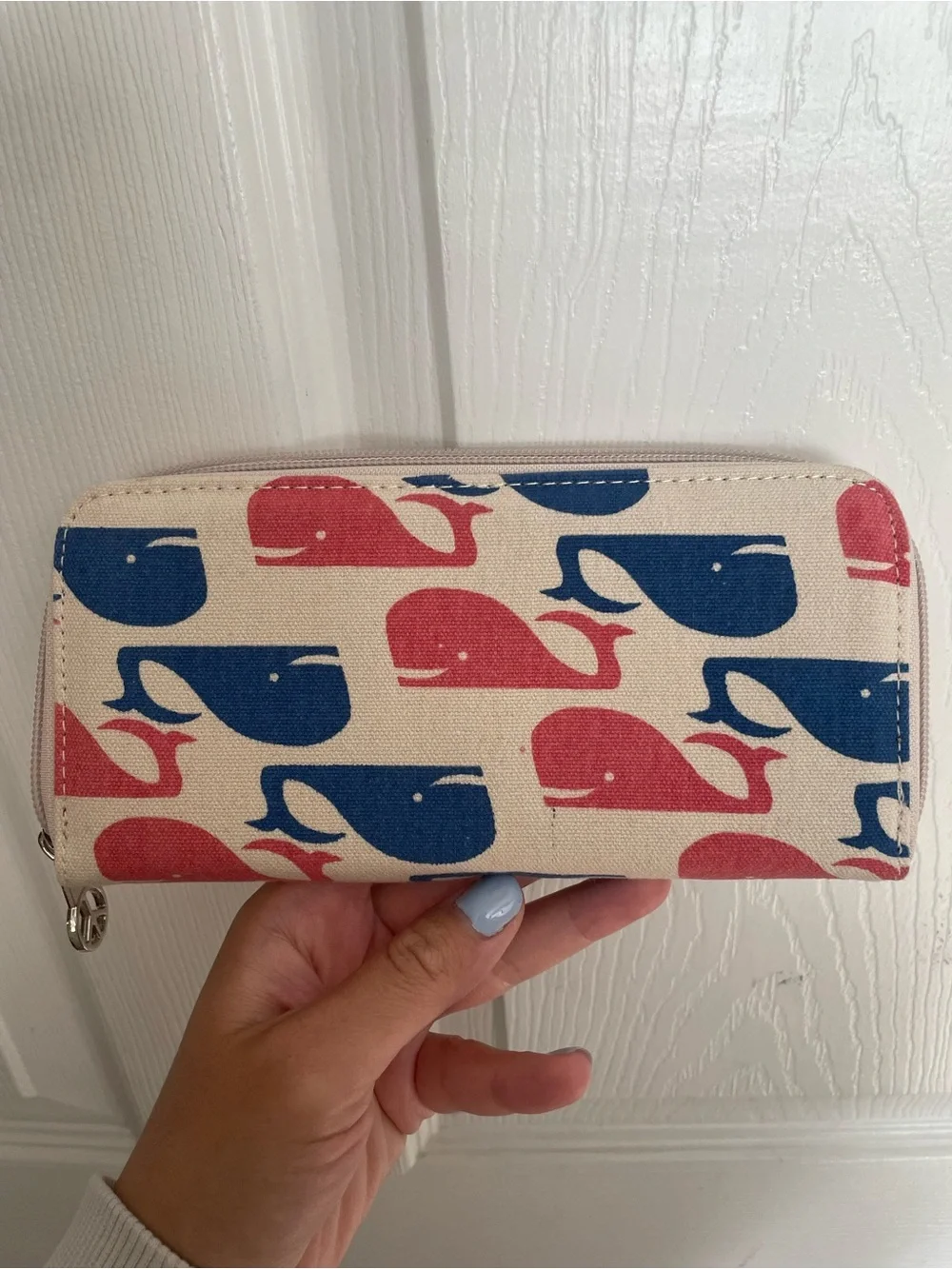 bungalow 360 Canvas Zip Wallet - Blue & Coral Whale Pattern 8x4 inches